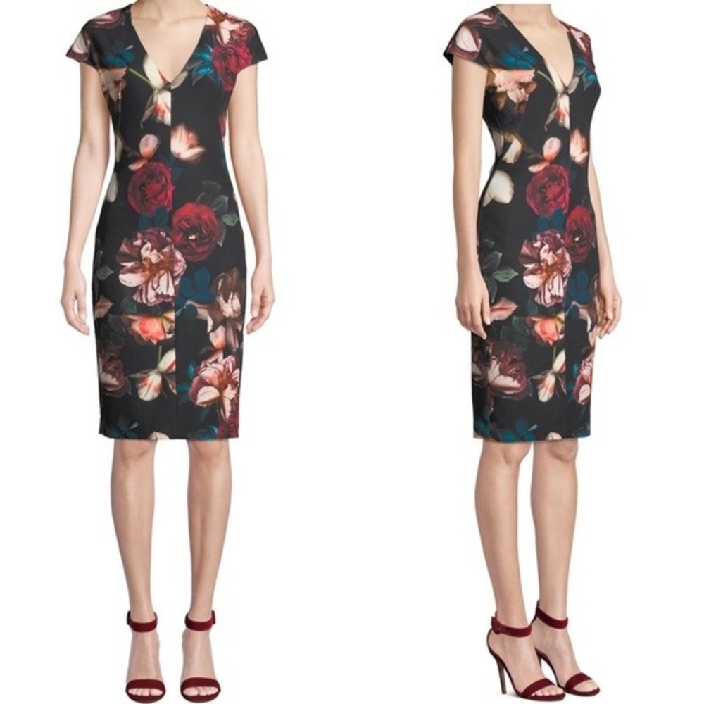 Black Halo Floral V-Neck Cap Sleeve Sheath Dress Black Red Size 4 - Picture 2 of 7